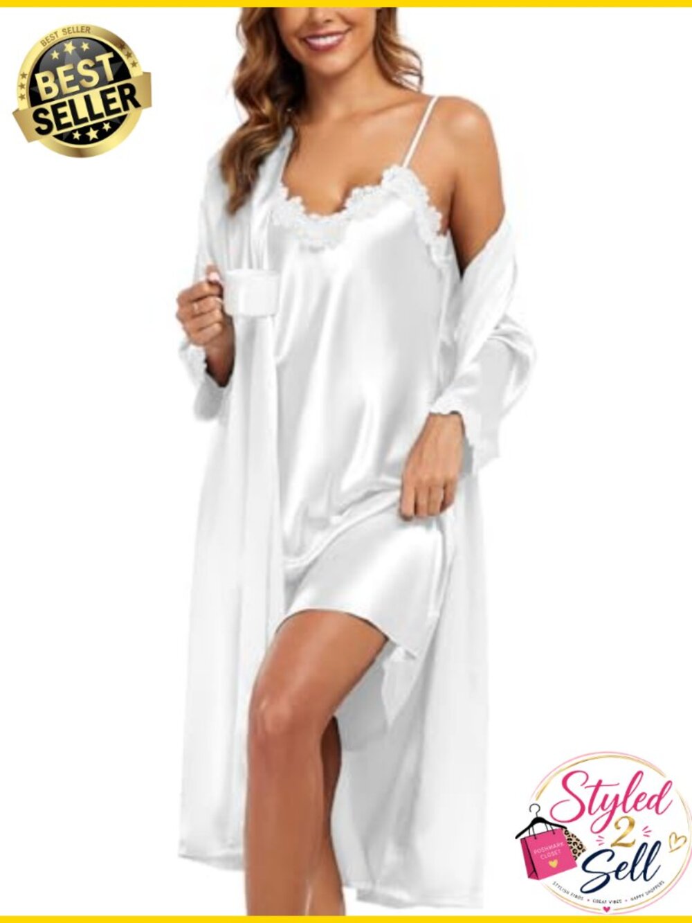 100% Polyester Satin 2-Piece Robe Set with Cami Sleepdress, V-Neck